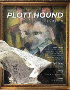 Cover of Plott Hound Magazine #2, a collage of a dapper dog reading a newspaper.